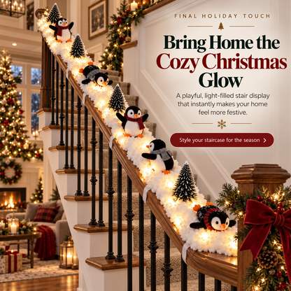 🐧 Lighted Penguin Christmas Stair Decor – 5-Piece Snowy Railing Display