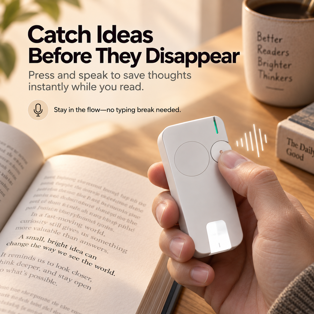 Reader pressing smart bookmark control to capture a spoken thought as a voice note