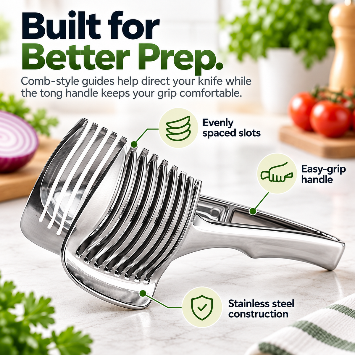 Stainless Steel Onion & Vegetable Slicing Guide – Easy-Grip Food Holder for Even Cuts