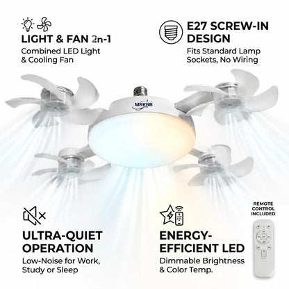 2026 New E27 Socket Ceiling Fan Light - 2-in-1 Silent LED Fan with Remote Control, Energy-Saving Cooling & Lighting Combo for Home Bedroom summervibes