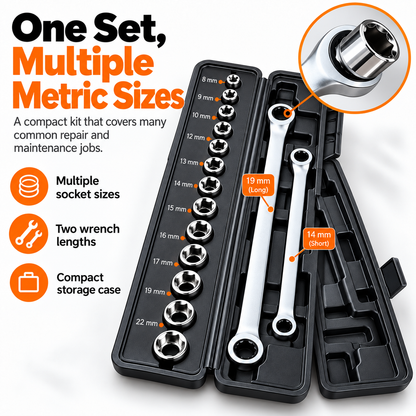 🔩15-in-1 Compact Ratcheting Wrench & Socket Set – Built for Tight-Space Repairs