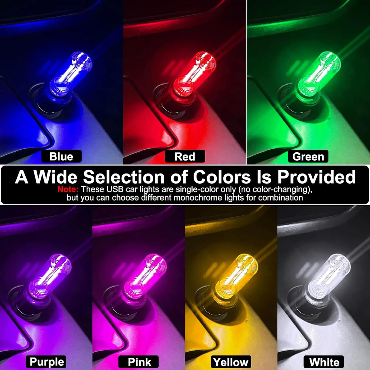 Seven available single-color USB car ambient lights in blue red green purple pink yellow and white