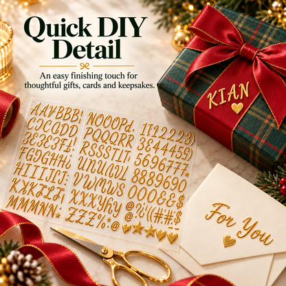 🎁✨ 3D Metallic Alphabet Stickers – Raised Letter, Number & Symbol Decals for Personalized Gifts, Cards & DIY Crafts 💖🎄 | 5 Colors
