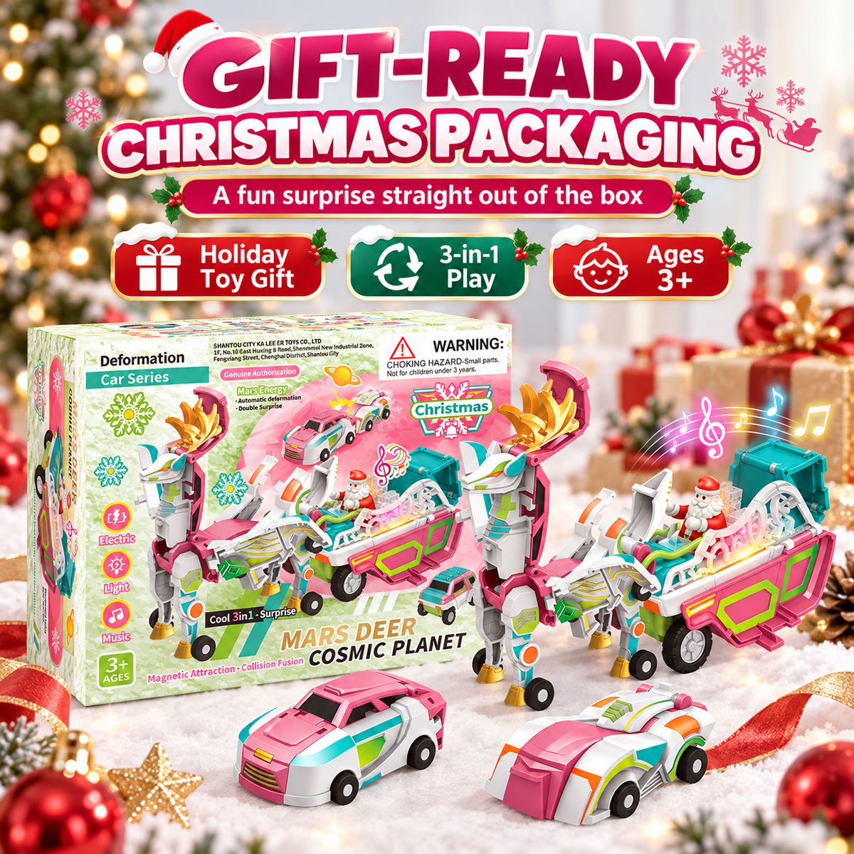 🎄🚗 3-in-1 Magnetic Transforming Christmas Car Set 🧲🦌✨ Santa's Reindeer Sleigh with Lights & Music 🎶🎁 Magical Christmas Gift for Kids