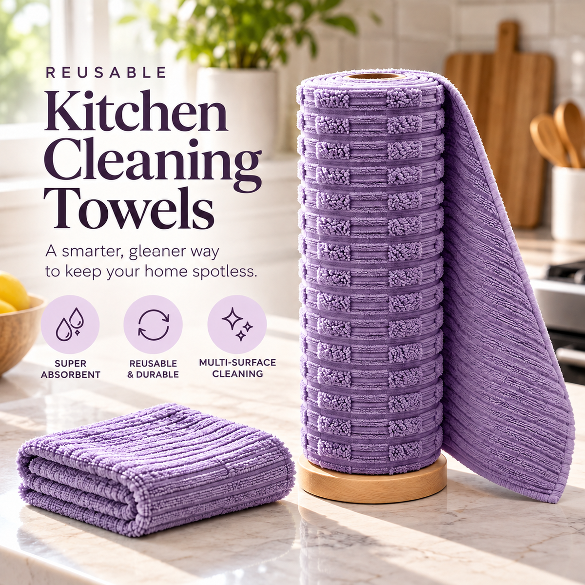 Purple reusable kitchen cleaning towel roll with folded cloths