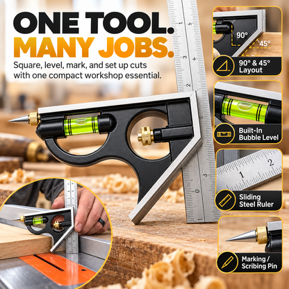 🔥 4-in-1 Multi-Function Woodworking Combination Square 📐🔧 Precision Measuring & Marking Tool 📏✨ with Built-In Bubble Level, 45°/90° Angle Ruler & Scribing Pin 🪚🛠️
