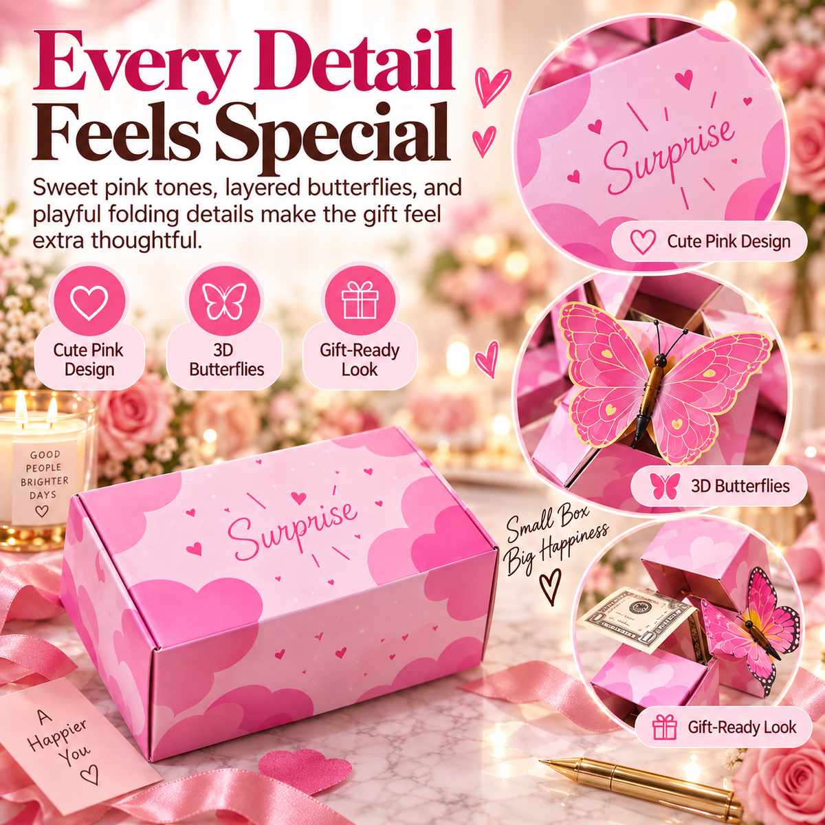 🎁Pink Surprise Money Explosion Gift Box with Pop-Up Butterflies – Birthday Cash Gift Reveal