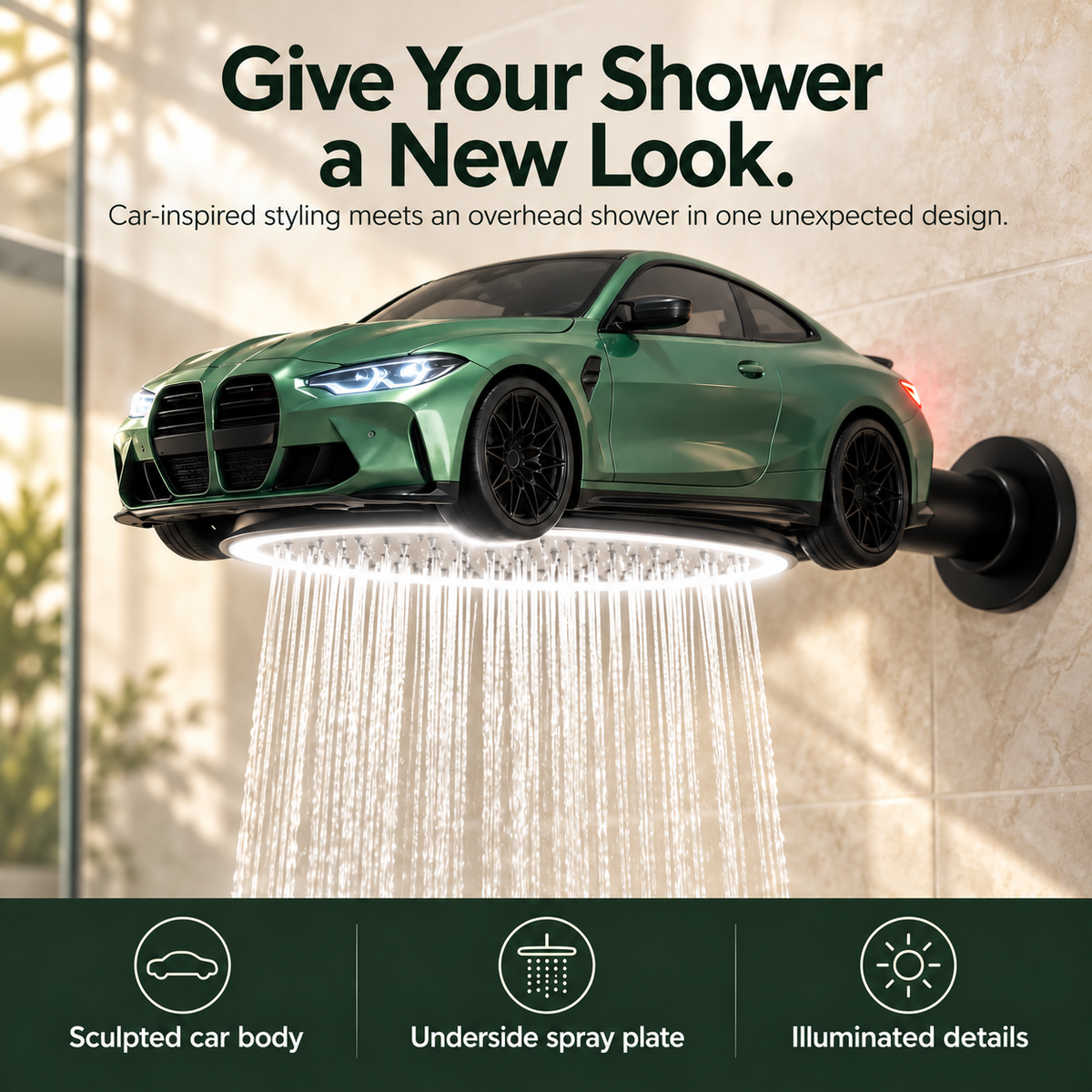 Car-shaped LED rainfall shower head product view