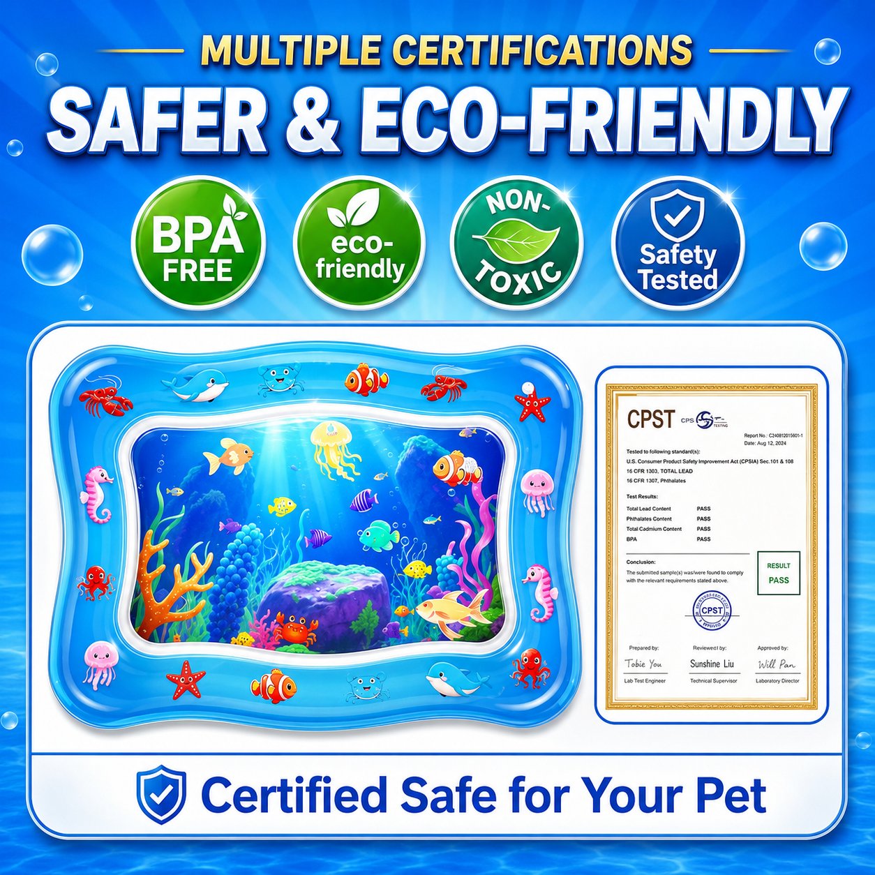 🎁HOT DEAL – Up to 49% OFF🔥 Cat Water Mat - Interactive Cat Toys Upgraded Thickened 0.7mm PVC Cooling & Heating Water Bed with Floating Fish