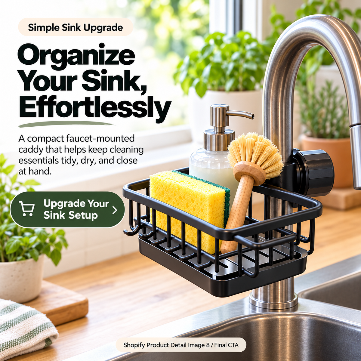 Organized kitchen sink with faucet mounted sponge and brush storage caddy