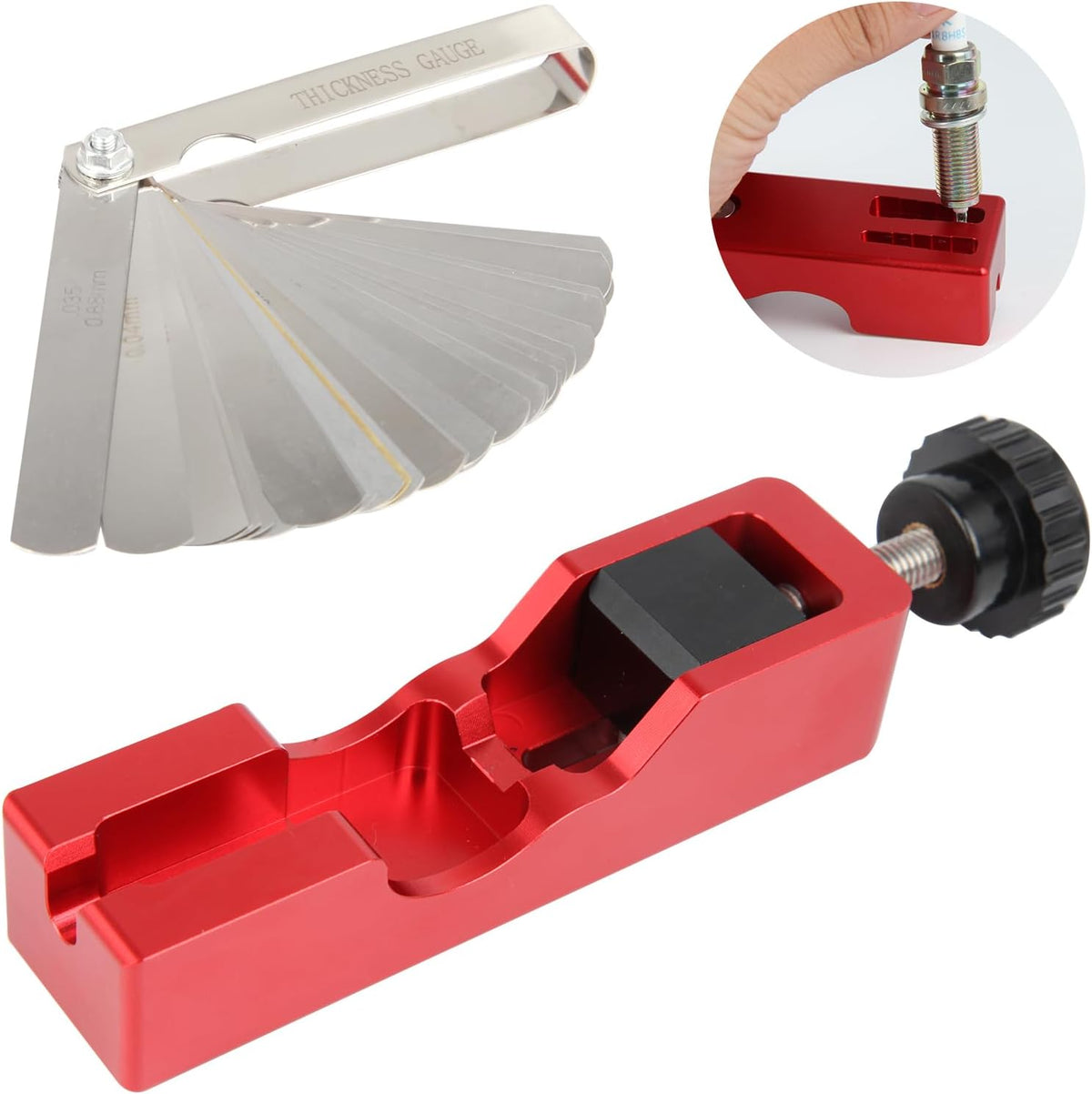 Red spark plug gap setting tool with black adjustment knob, thickness gauge and illustrated spark plug placement