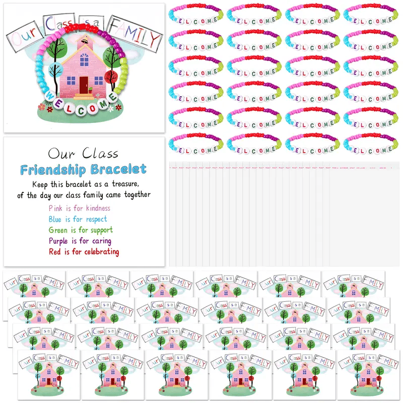 🏫 Back to School Friendship Bracelets Set🧒 -Include Our Class Is a Family Greeting Card and  Bracelet with Bags Gift