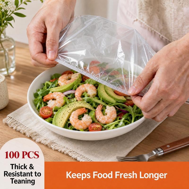 Elastic food cover being stretched over salad bowl
