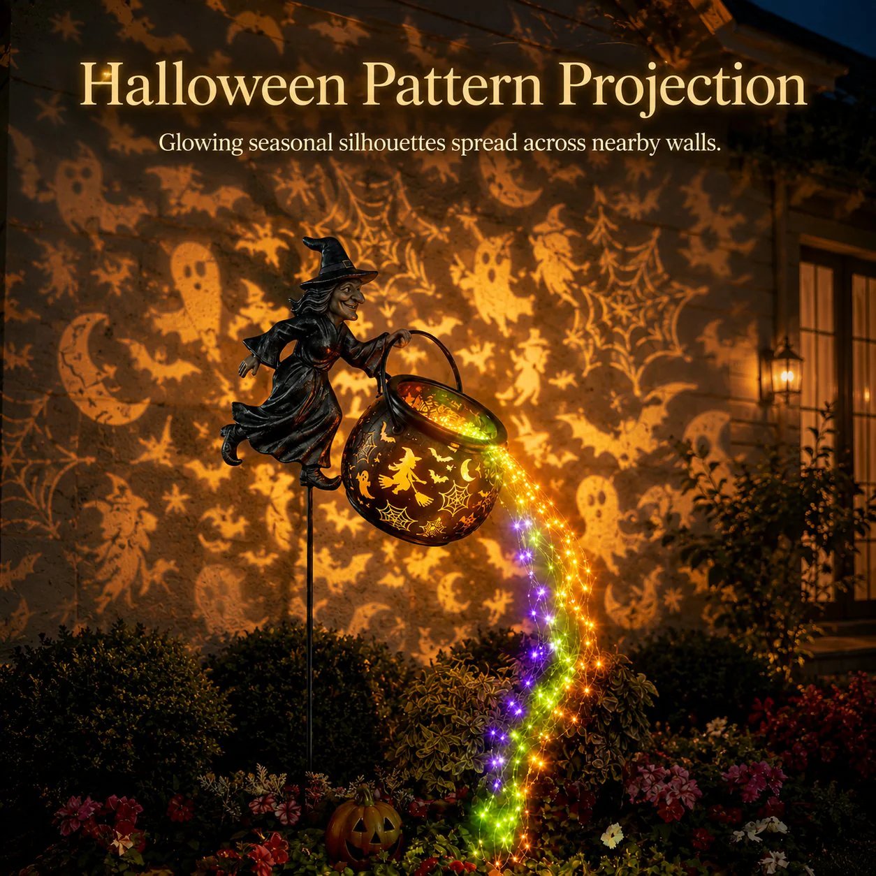 🔥 LAST DAY 50% OFF-🎃 Flying Witch & Glowing Cauldron Garden Light – Magical Halloween Yard Display ✨