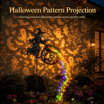 🔥 LAST DAY 50% OFF-🎃 Flying Witch & Glowing Cauldron Garden Light – Magical Halloween Yard Display ✨
