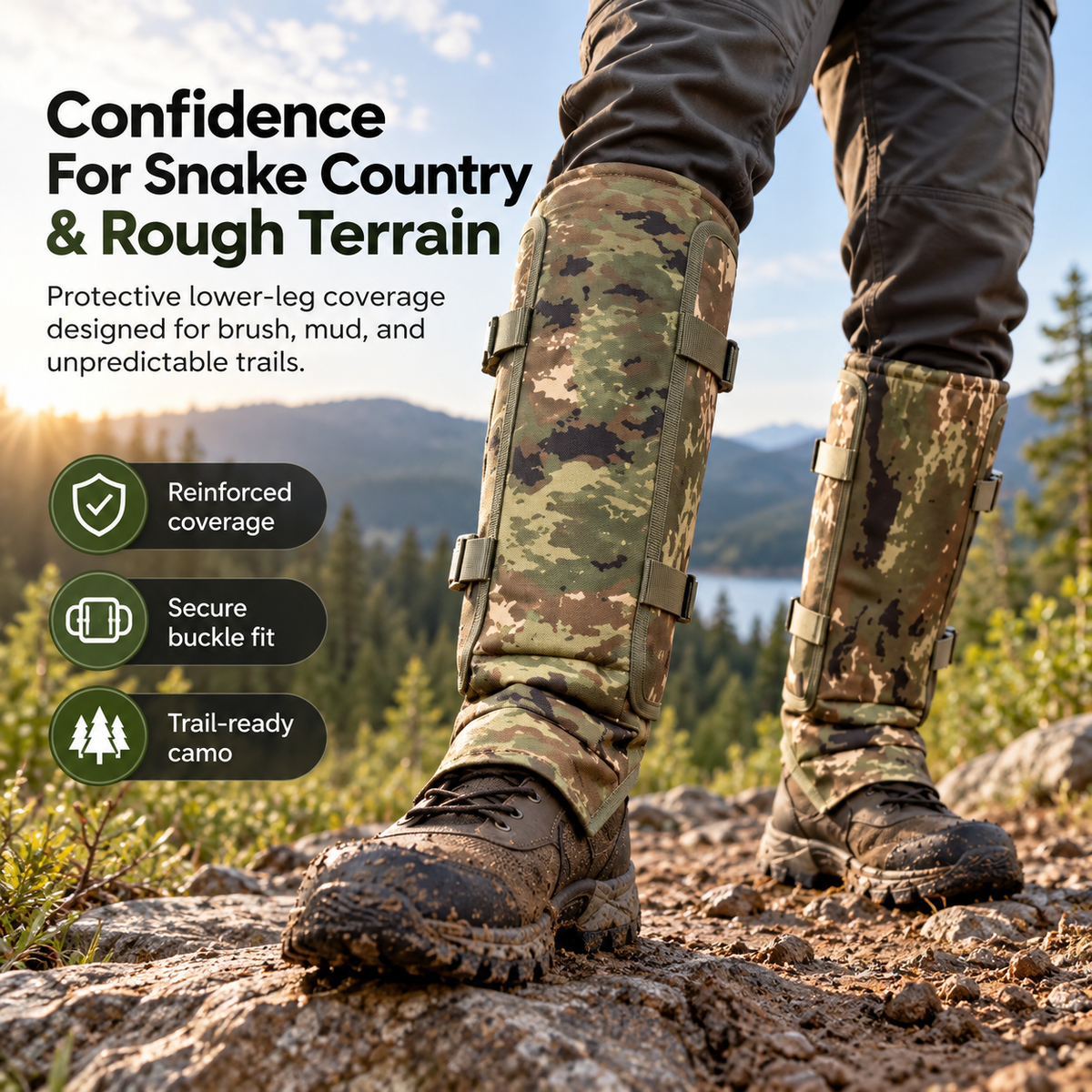 Protective camouflage lower leg gaiters worn on rocky outdoor terrain