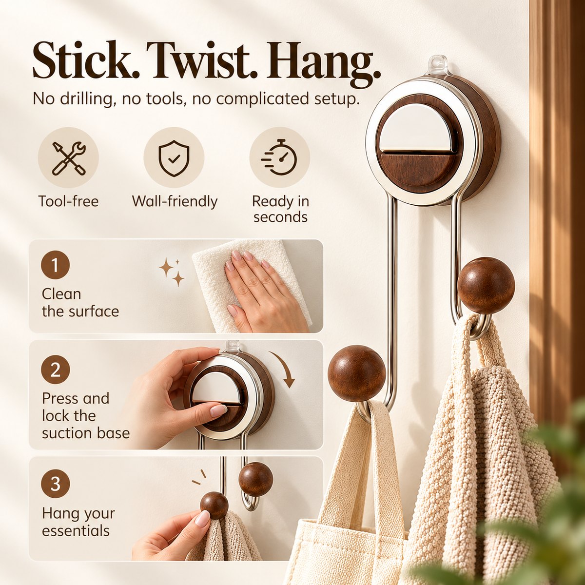 ✨ Drill-Free Foldable Double Hook – Suction Wall Organizer with Walnut-Look Accents
