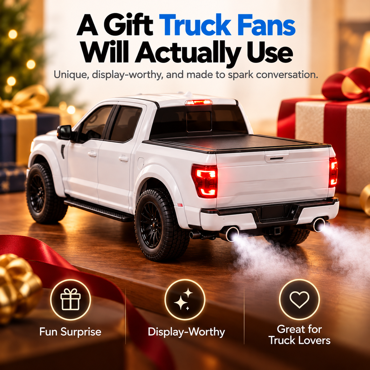 White pickup truck humidifier with twin mist streams displayed alongside wrapped holiday gifts