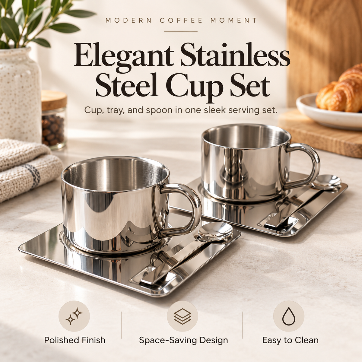 🤎 ☕Elegant Stainless Steel Coffee Cup Set with Matching Tray & Spoon – Modern Minimalist Coffee & Tea Drinkware