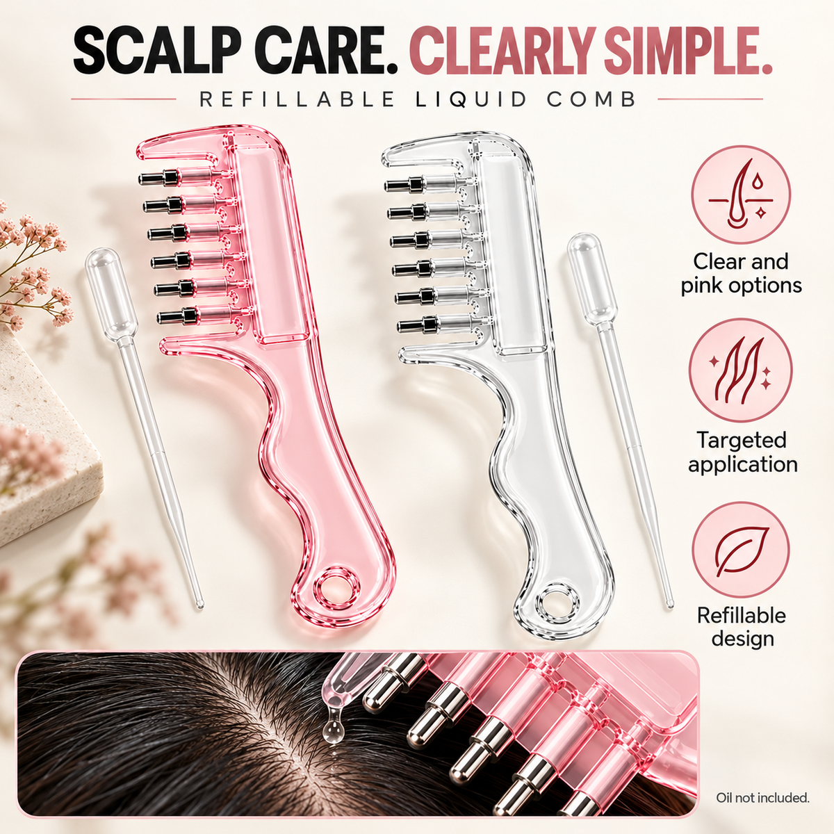 Refillable scalp-care liquid applicator comb – product image