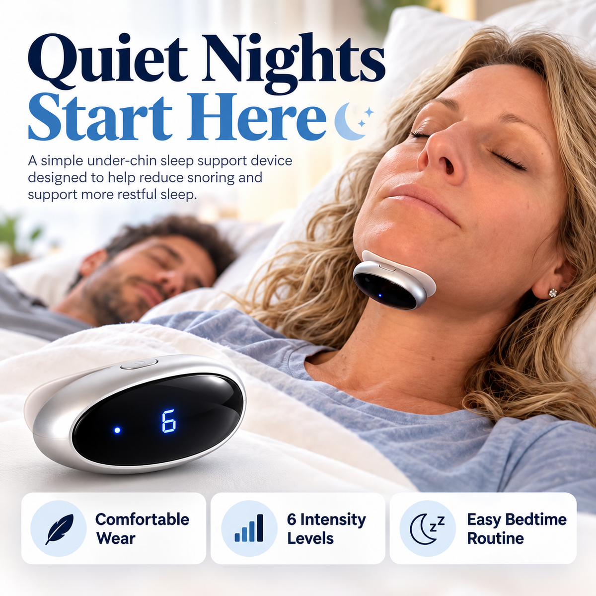 Compact under chin sleep support device with digital display shown during bedtime