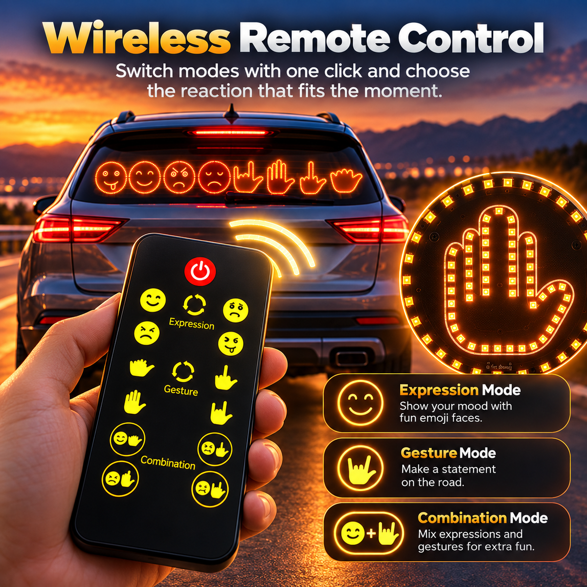 🚗🔥 LED Car Rear Window Gesture Light 😎🖕😂 – Funny Emoji & Hand Sign Display ✨ Wireless Remote Control 🚘 4 Modes | Fun Car Accessories 🎁