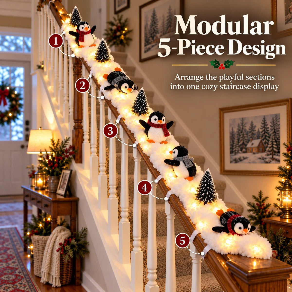 Five modular lighted penguin sections arranged along a staircase railing