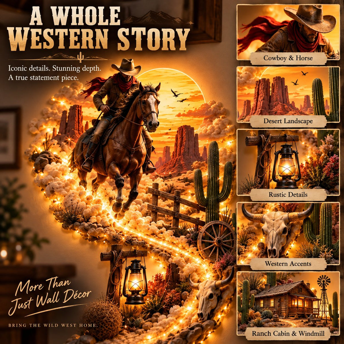 Western wall decor details with cowboy horse desert lantern cattle skull cabin and windmill