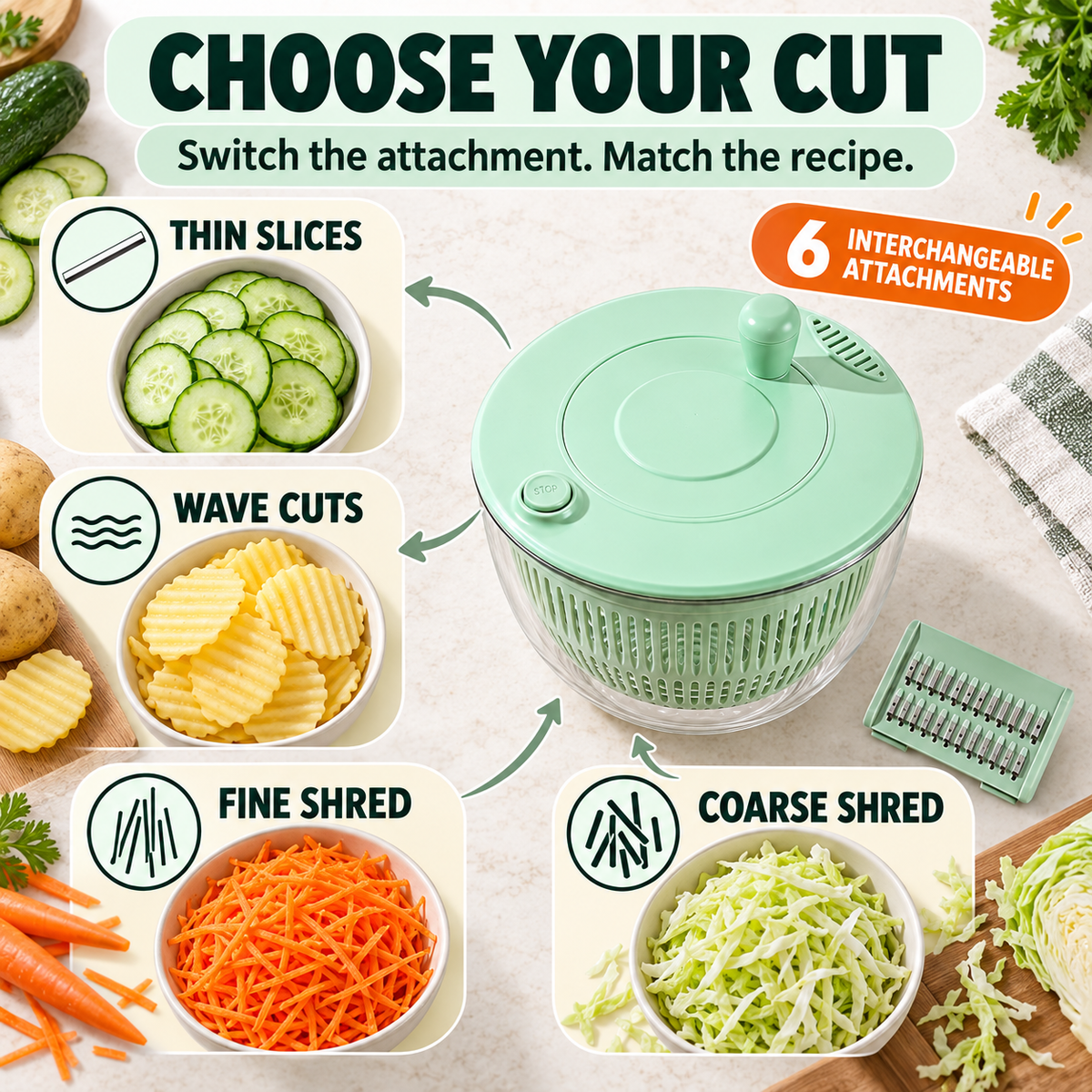 🌀8-in-1 Manual Vegetable Slicer & Salad Spinner – 6-Blade Kitchen Prep Set🥗