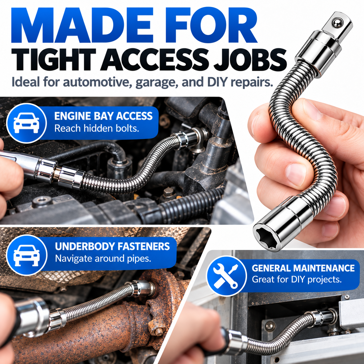 Flexible socket extension shown in automotive engine bay maintenance, underbody fastener access and general DIY repair scenarios