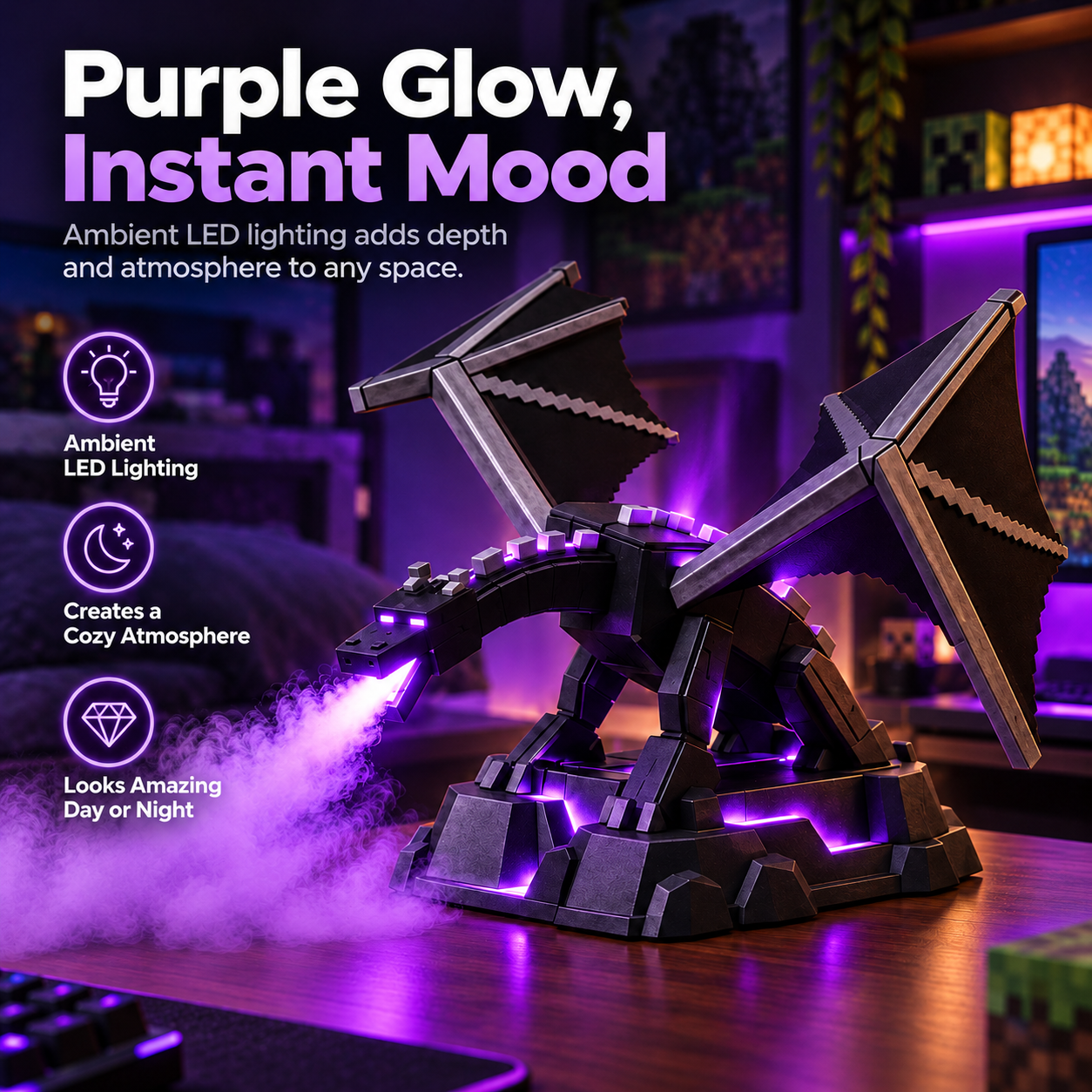 Purple LED fantasy dragon lamp illuminating its blocky wings eyes and stone pedestal in a dim gaming room