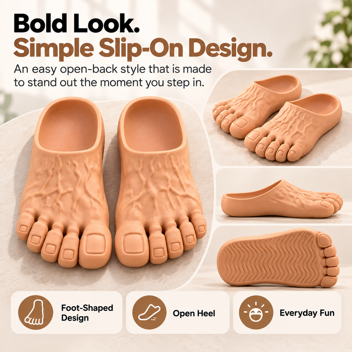 Close-up of oversized molded toes and open-back slipper design