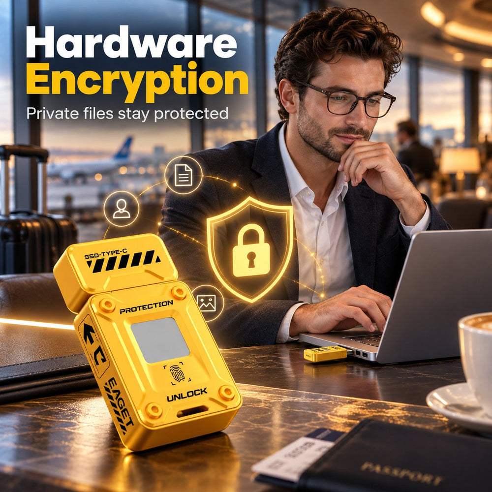 EAGET FU80 fingerprint security drive presented in a professional workspace with a laptop and privacy-themed imagery
