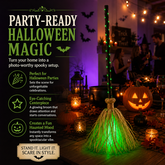🧹 Light-Up Witch Broom Halloween Decoration – Spooky Green LED Décor