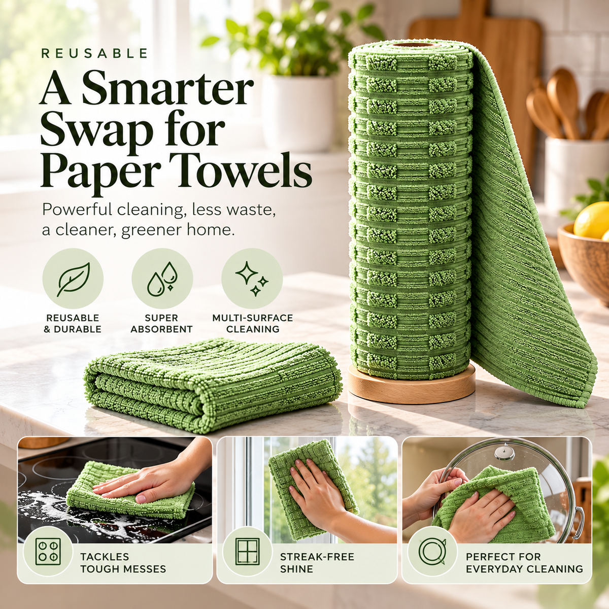 Reusable towel roll displayed in bright modern kitchen