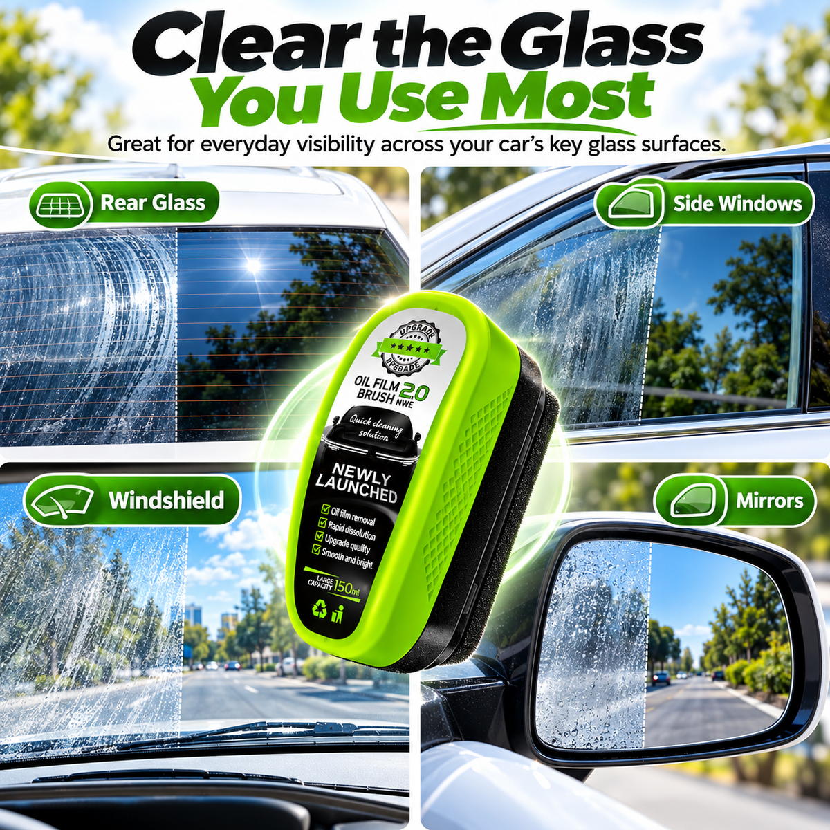 Car glass oil film remover used on windshield rear glass side windows and mirrors