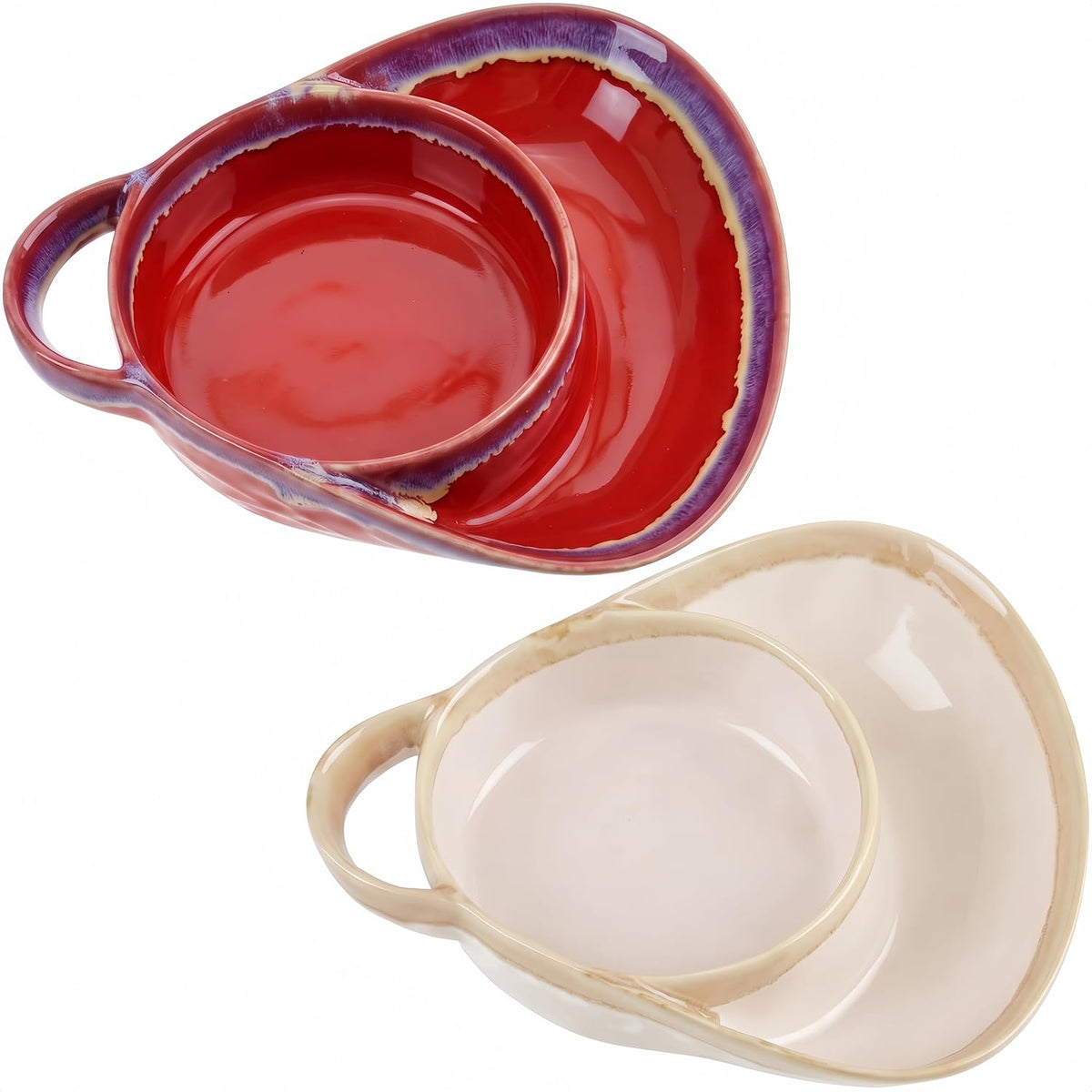 Burgundy and ivory divided ceramic serving bowls