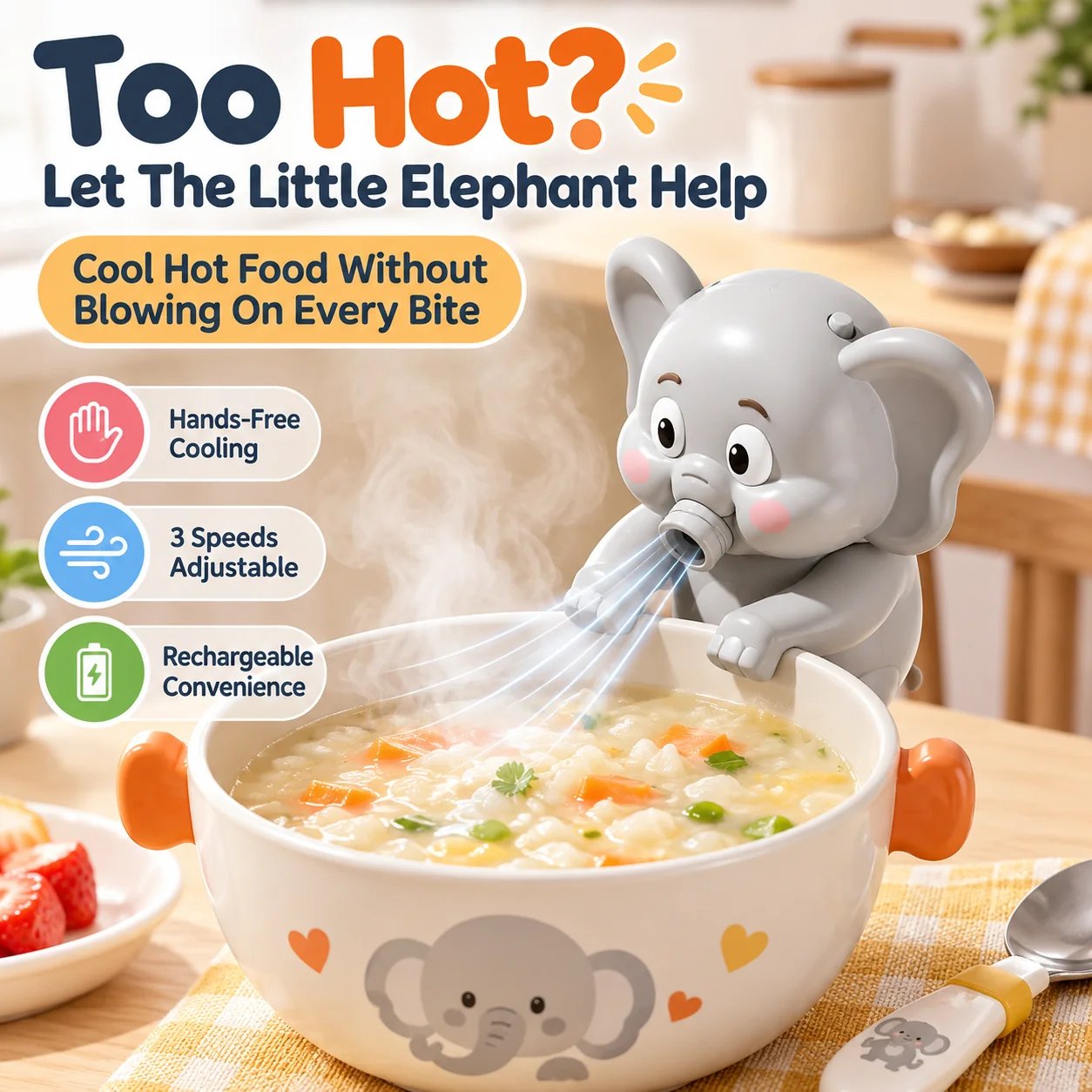Cute hands-free food cooling fan beside a bowl of hot food