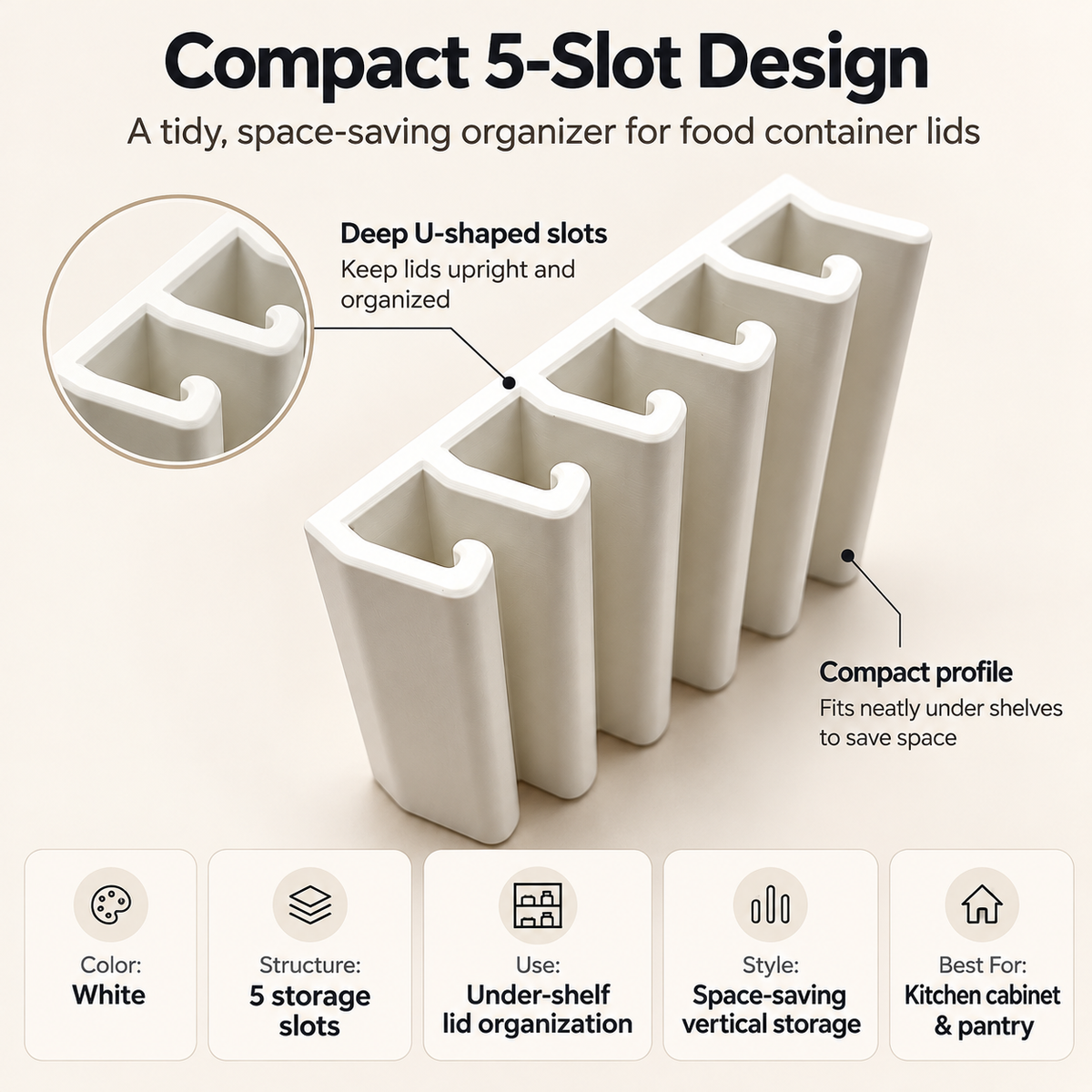 Product feature image showing the white five-slot under-shelf food container lid organizer and its compact vertical design