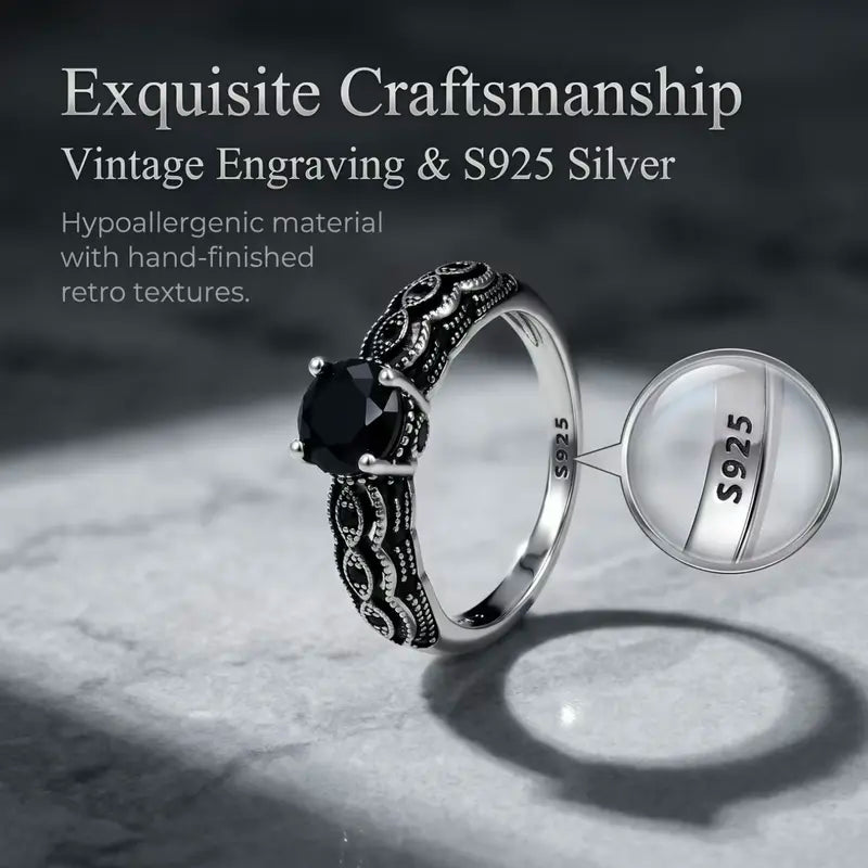 Sterling Silver Vintage Black Synthetic Obsidian Ring
