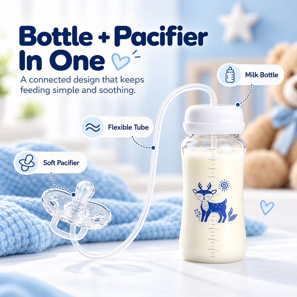 Close view of the clear deer-print bottle, flexible connecting tube and transparent pacifier