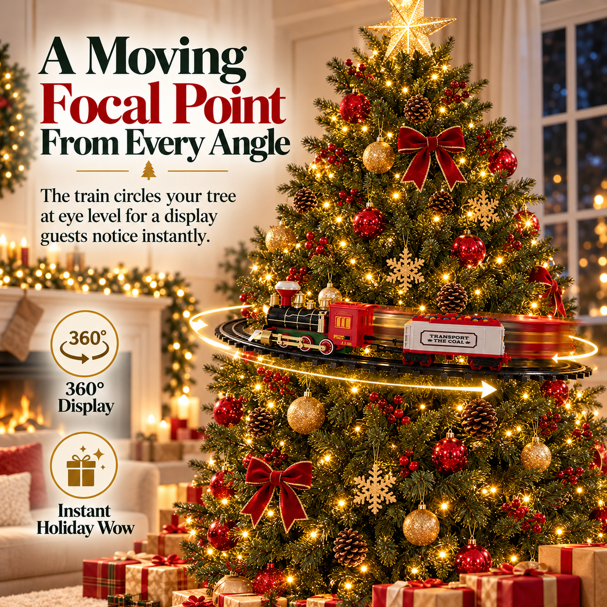 Elevated Christmas Tree Train Set – 360° Moving 4-Car Holiday Display