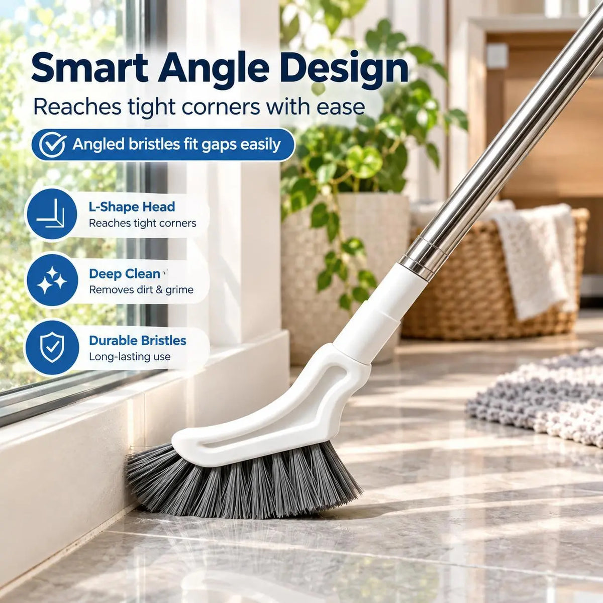 Angled L shaped crevice cleaning brush head reaching a tight corner