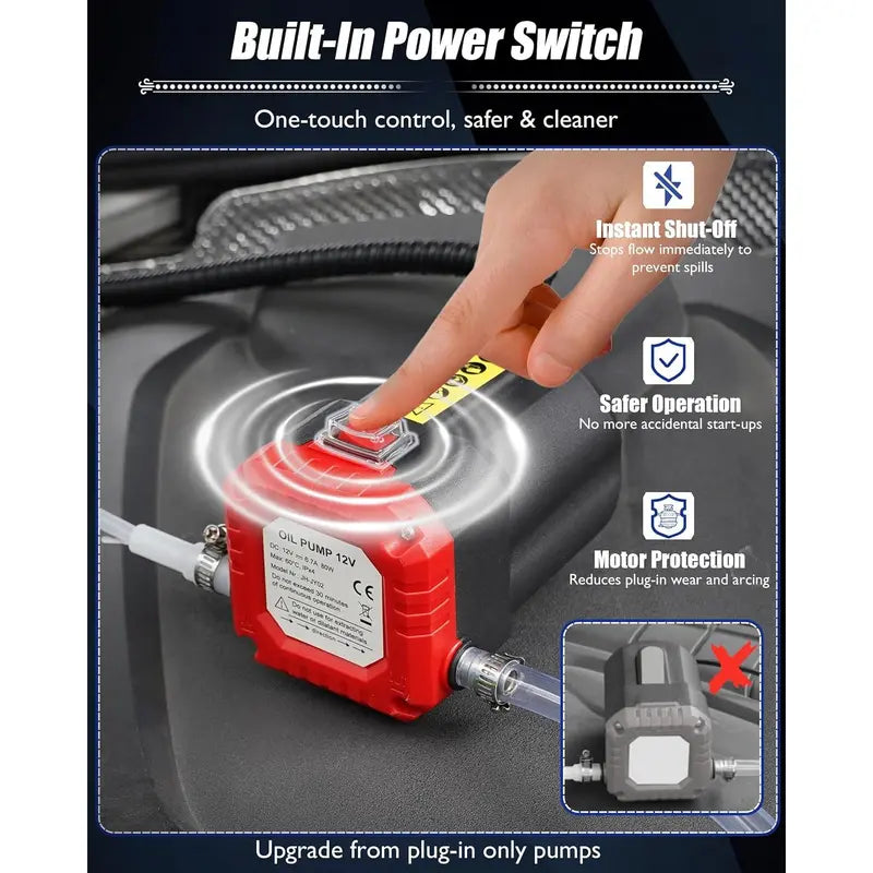 Built-in rocker power switch on 12V oil extractor pump
