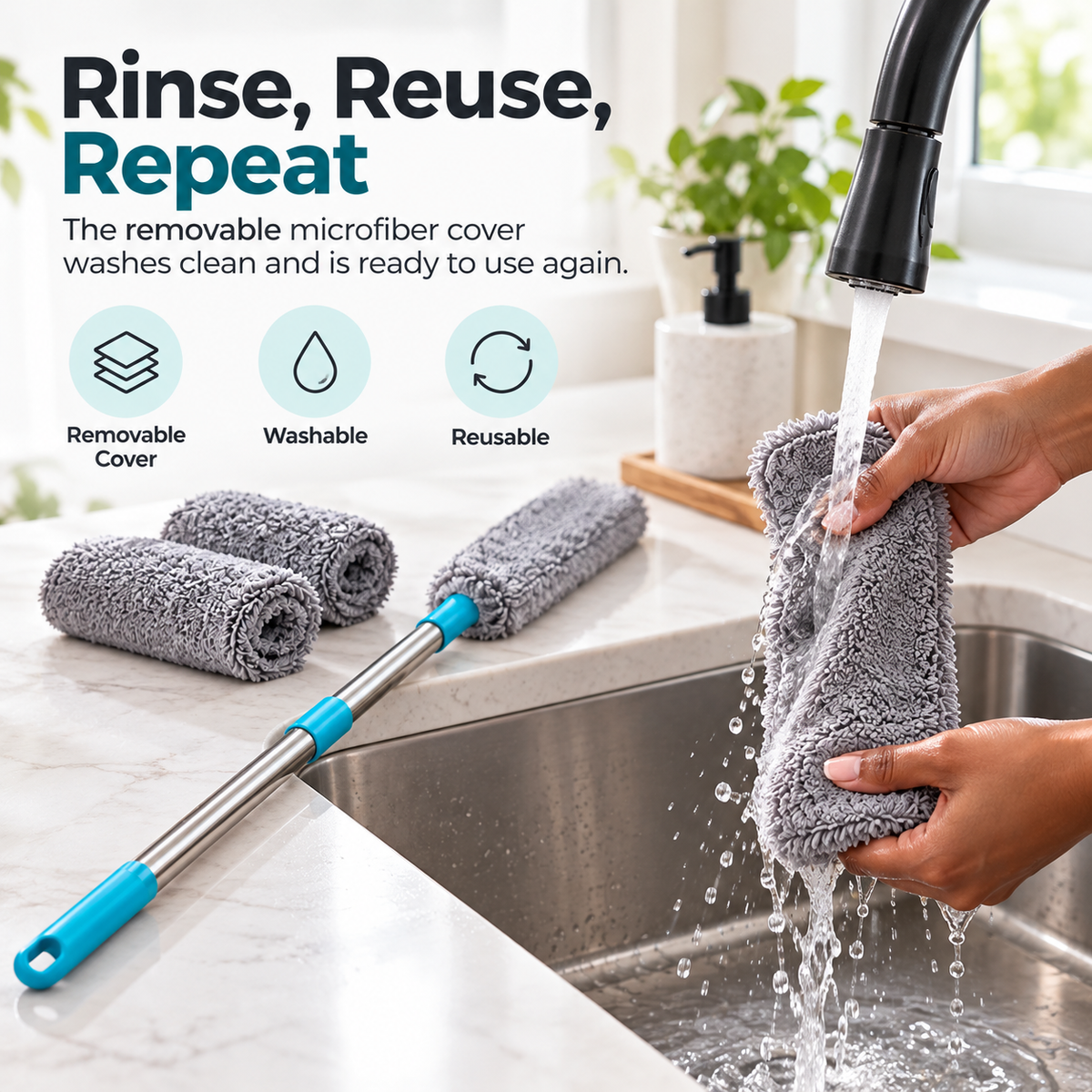 Removable microfiber duster cover being rinsed and washed under running water