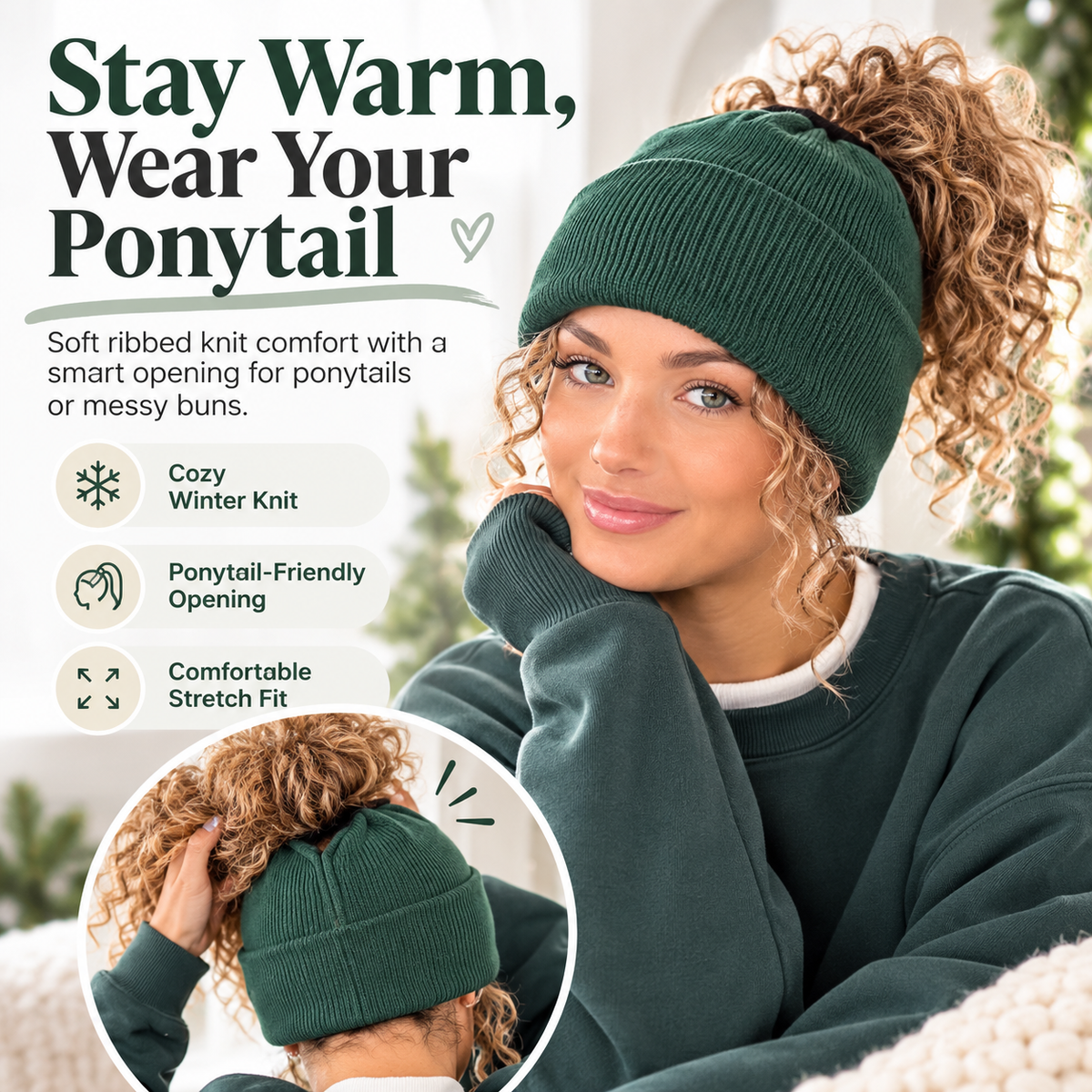 Woman wearing a forest green ponytail winter beanie with curly hair pulled through the top opening