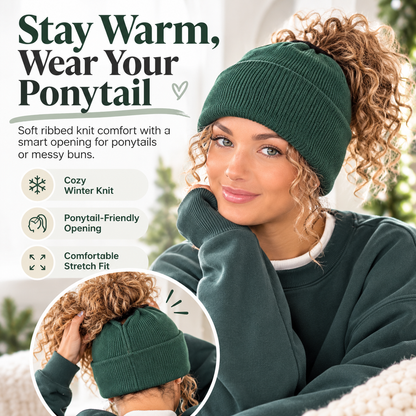 💚❄️ Women's Winter Ponytail Beanie Hat 🧶✨ Cozy Warm Knit Hat with Messy Bun Opening 🎀 Stretchy Ribbed Cuff Beanie for Cold Weather ☃️💕 5 Colors Available 🌈🎁