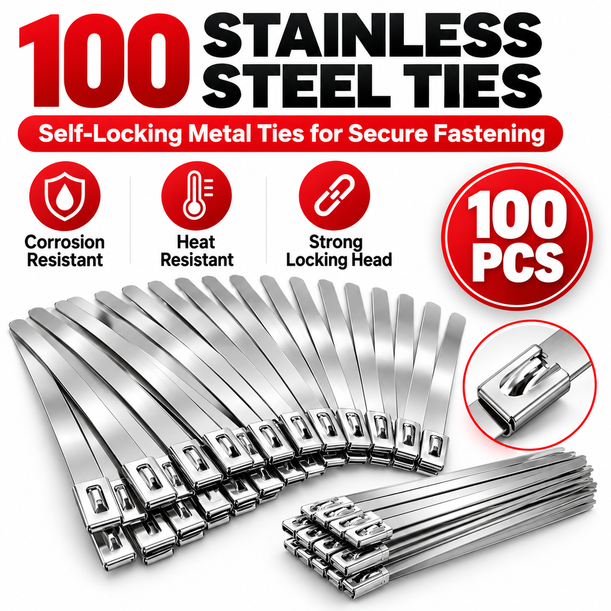 Set of 100 self-locking stainless steel metal cable ties with close-up of locking head
