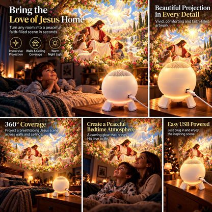 Collage showing white spherical three-legged projection light, wired connection and faith-inspired projected scenes