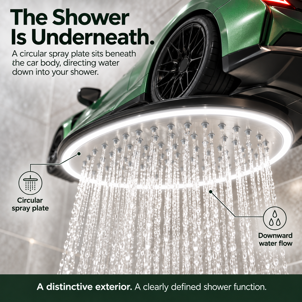 Close-up of the car-shaped shower head and LED design detail